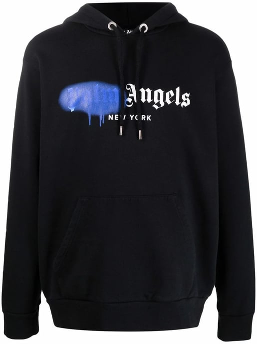 Palm Angels New York Blauer Gespritzt Logo-Druck Hoodie Schwarz - Image 1