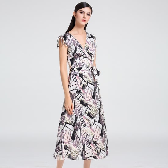 Geometrical Print Midi Wrap Dress