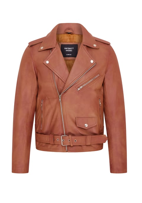 Mens Tan Classic Brando Leather Biker Jacket - Heinola