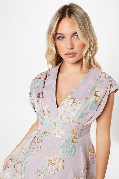 Petite Pleated Bodice Organza Jacquard Midi Dress