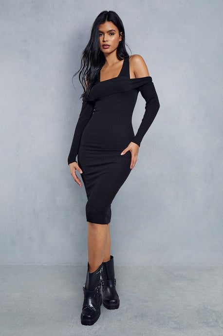 Knitted Ribbed Plunge Bardot Midaxi Dress