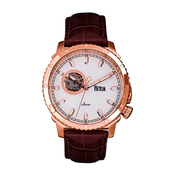 Reign Bauer Automatic Semi-SkeletonLeather-Band Watch