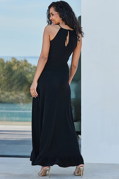 Black Ruched Front Halter Neck Jersey Maxi Dress - Image 4
