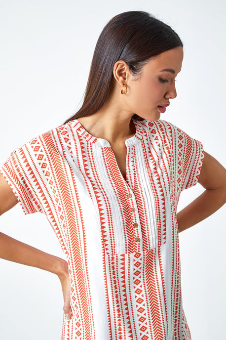 Aztec Print Button V-Neck Detail Top