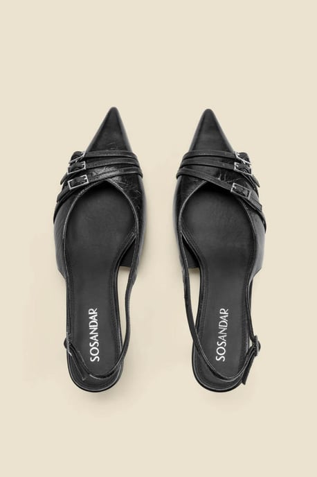 Black Leather Buckle Detail Kitten Heel Slingbacks