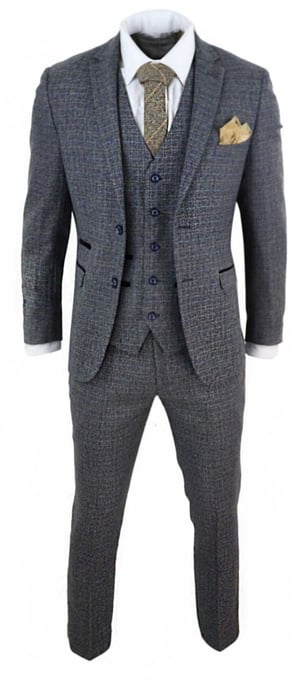 Herren 3-Teiliges Marineblaues Tweed-Karomuster Vintage Retro Anzug - Image 4