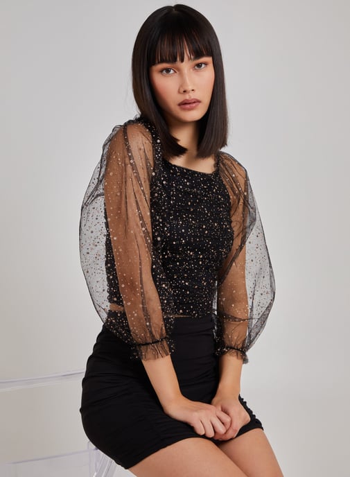 GLITZY - Glitter Ruched Top With Sheer Balloon Sleeve