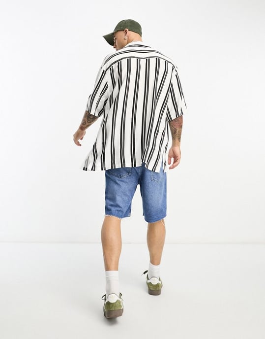 ASOS DESIGN oversized revere longline bowling shirt in black and white stripe