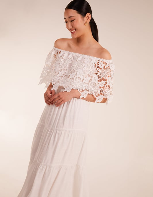Crochet Lace Shirred Waist Midi Dress