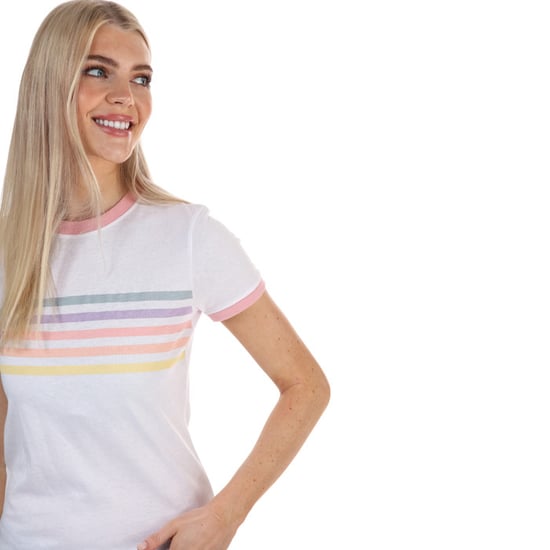 Women's Brave Soul Rainbow Ringer T-Shirt in White pink