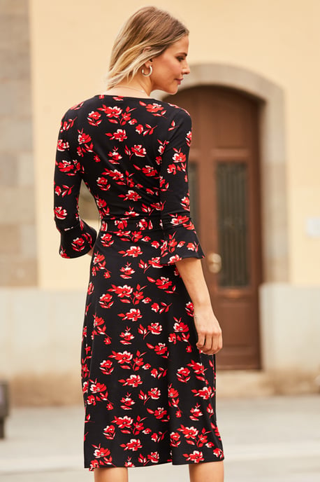 Black & Red Floral Print Jersey Midi Dress