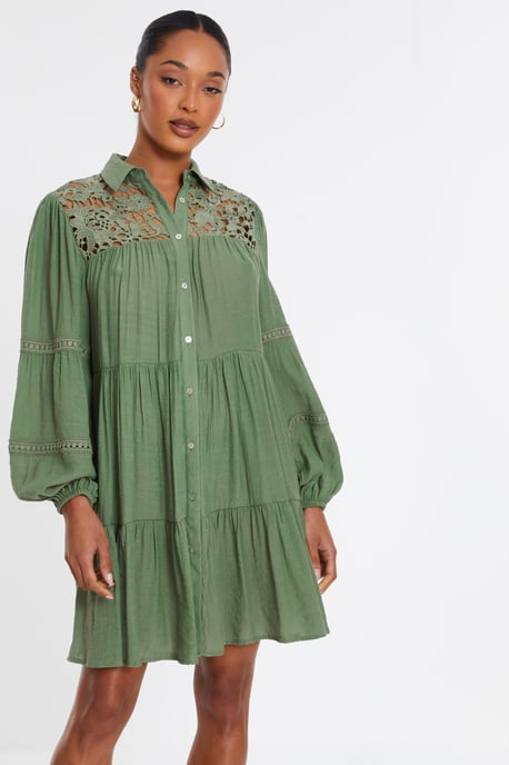 Khaki Crochet Mini Shirt Dress - Image 2
