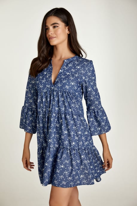Indigo Floral A Line Dress with Bell Sleeves