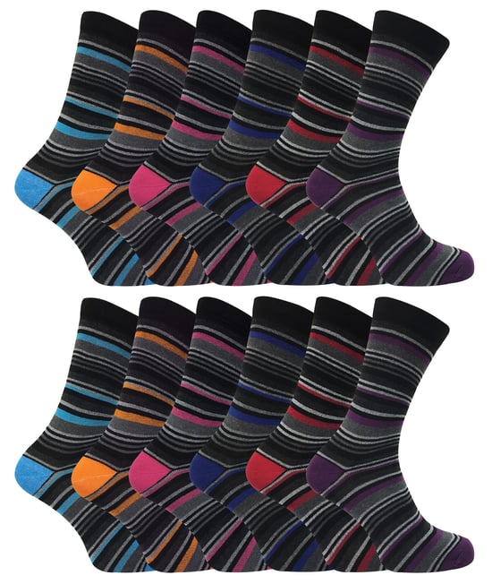 12 Paar gestreifte Herrensocken aus Baumwolle | SOCK SNOB | 12 Paar Multipack | Orange lila rosa blau & rot gestreifte Socken - sortiert - Image 1