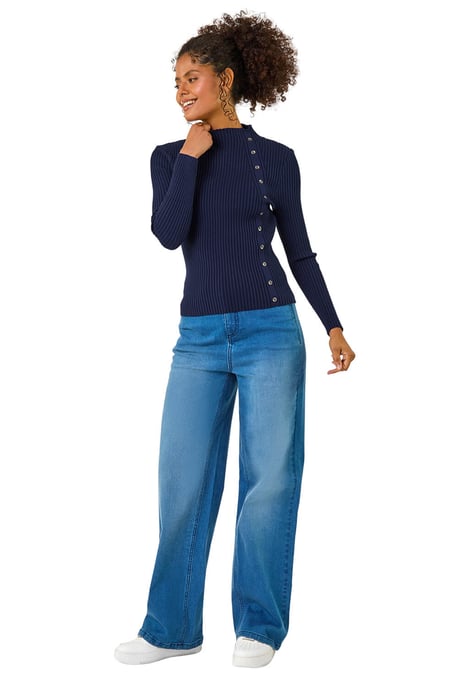 High Neck Button Detail Rib Jumper