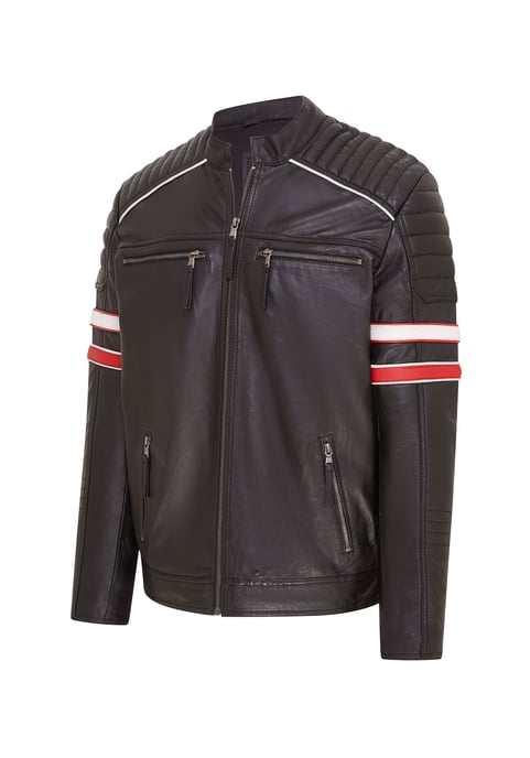 Mens Black Quilted Leather Biker Racing Jacket- Brevik