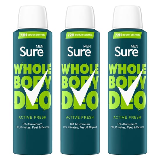 Sure Men Whole Body Deodorant Spray Active Fresh w/ 72H Odour Control 150ml, 3pk