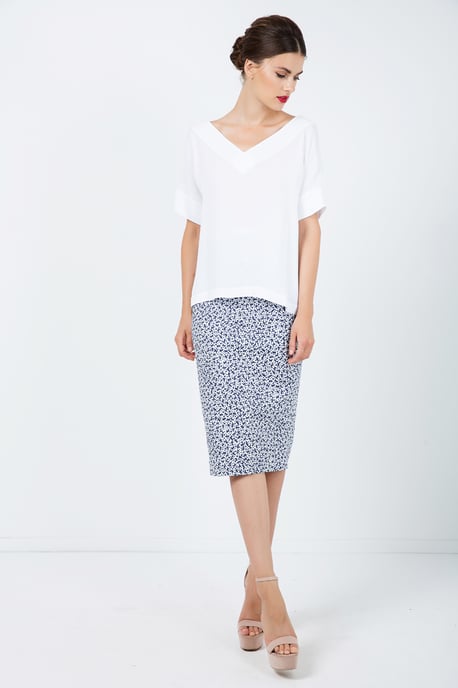 Floral Pencil Skirt with Solid Colour Waistband