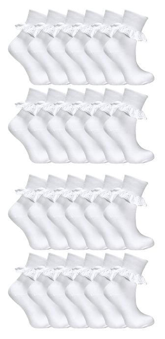 24 Paar Mädchenspitze Socken Multipack | Hübsche Baumwoll-Söckchen mit Rüsche in Weiß | Ideal für die Schuluniform - Weiß - Image 1