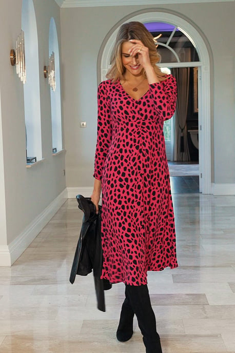Pink & Black Animal Print Fit & Flare Midi Dress