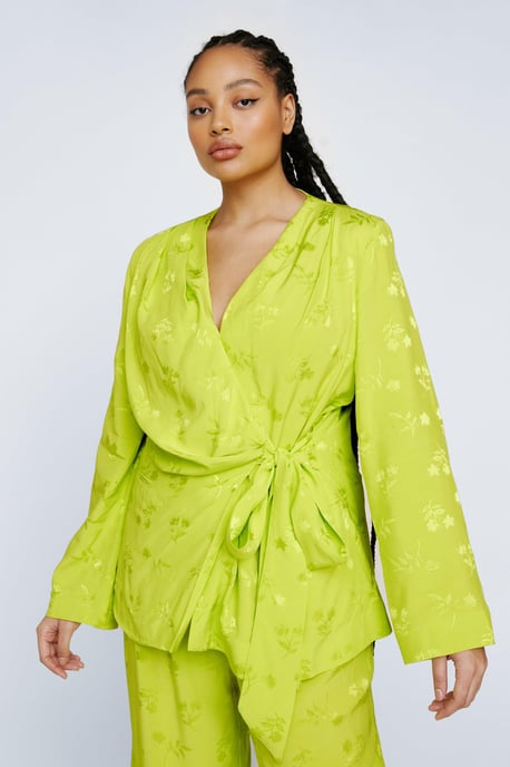Plus Size Premium Satin Floral Wrap Waist Blazer