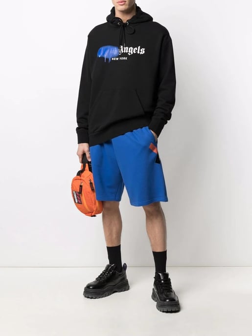 Palm Angels New York Blauer Gespritzt Logo-Druck Hoodie Schwarz - Image 5