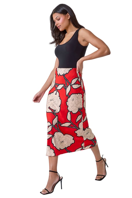 Floral Satin Bias Cut Midi Elastic Waist Skirt
