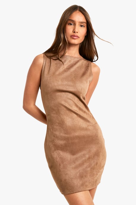Faux Suede Slash Neck Mini Dress - Image 1