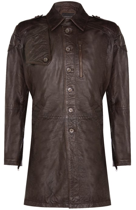 Softer, longer military trench coat in distressed leather