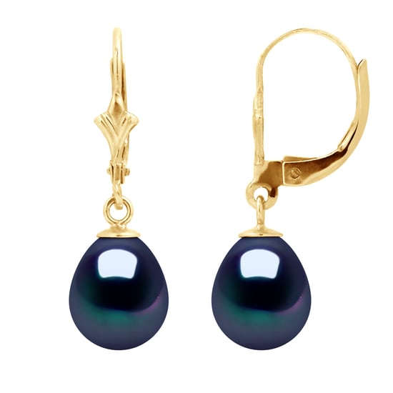 DIADEMA - Earrings - Yellow Gold and Real Freshwater Pearls - Black Tahitian Style