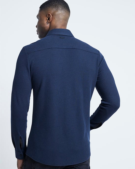 River Island Mens Shirt Navy Slim Fit Waffle Textured Jersey