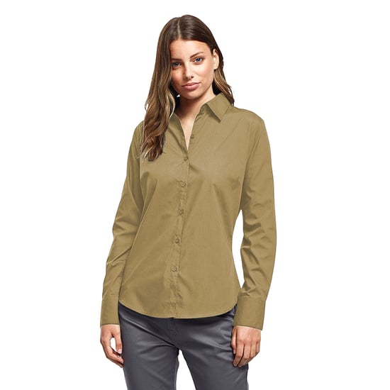 Premier Womens/Ladies Poplin Long Sleeve Blouse / Plain Work Shirt (Khaki)