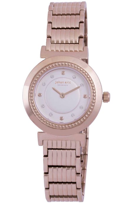 Johan eric: djursland, women's, silver dial watch, applied screw like indexes w swarovski crystals, rose gold ip coated stainless steel case & bracelet..