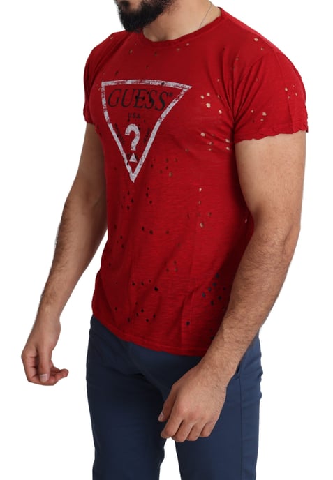 Guess Red Cotton Logo Print Men's Casual Top Perforated T-shirt