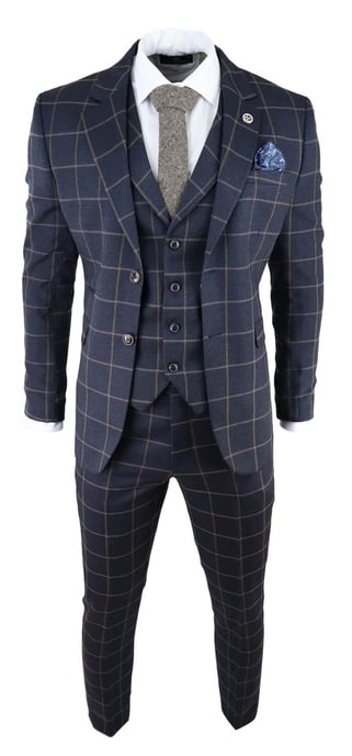 Herren Marineblau Karierter 3-Teilig Tweed Anzug Peaky Blinders 1920er Gatsby Schmaler Schnitt - Image 2