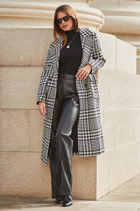 Black & White Dogtooth Print Longline Coat