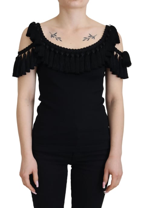Dolce & Gabbana Schwarzes Tanktop Damen mit Fransen Baumwollbluse für Damen - Image 1