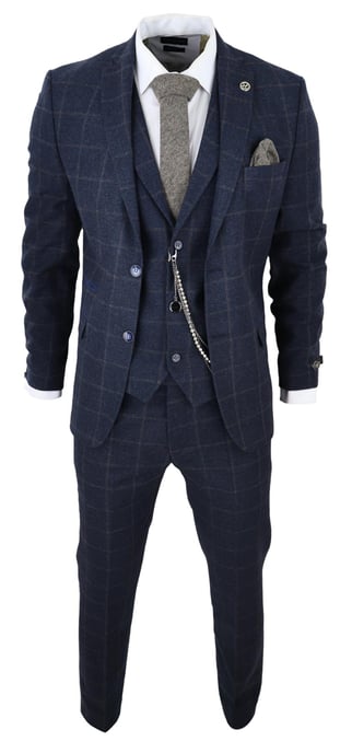 Herren 3-teiliges Wollanzug Navy Blau Tweed Karomuster Peaky Blinders 1920 Gatsby Formal - Image 2