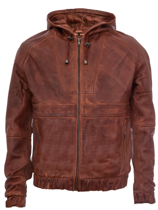 Leather bomber and cycling jacket with hood and zipper