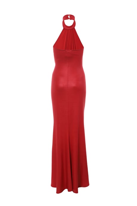 Red Halter Neck Ruched Maxi Dress