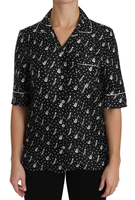 Dolce & Gabbana Damen Seidenhemd mit schwarzem Gitarren- und Trompetendruck - Image 1