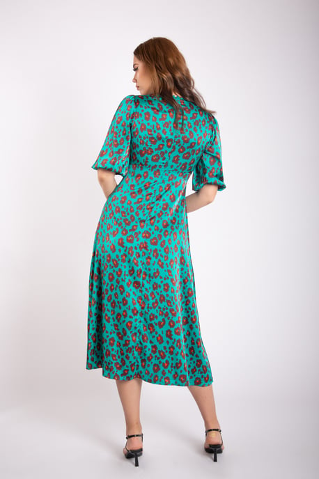 Grünes V-Ausschnitt-Shift-Midikleid mit Tiermuster - Image 4
