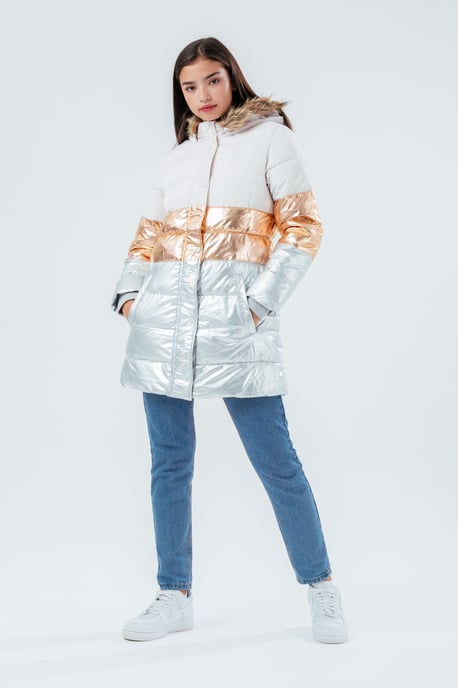 Hype Longline Metallic Panel Kids Puffer Jacket With Fur Hood