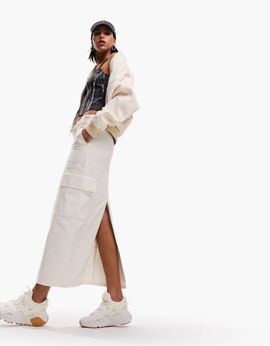 ASOS DESIGN parachute denim midi skirt with cargo pockets in white