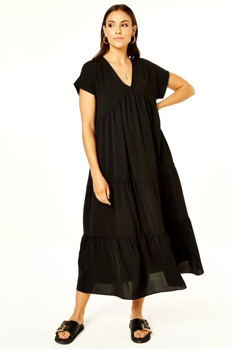V Neck Tiered Midi Smock Dress