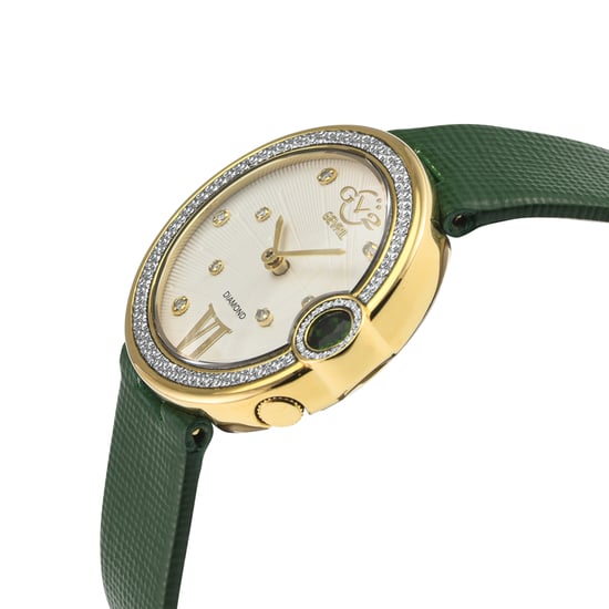 GV2 Women's Perugia Diamond Watch, IPYG Case, Silver/White Dial, Genuine Saffiano Green Handmade Leather Strap