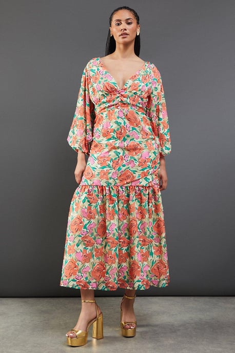 Burnout Floral Chiffon Plunge Neck Ruched Bodice Midi Dress