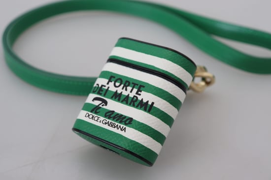 Dolce & Gabbana Green Leather Strap Gold Metal Logo Airpods Women's Case