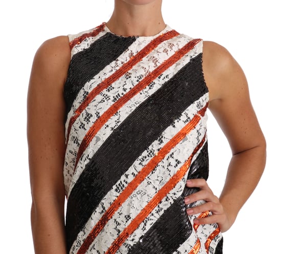 Dolce & Gabbana - Robe droite à fleurs en dentelle embellie en blanc et orange-sequin pour femme - Image 4