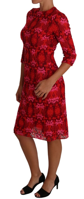 Dolce & Gabbana - Robe fourreau en dentelle crochetée florale rouge et rose pour femme - Image 3